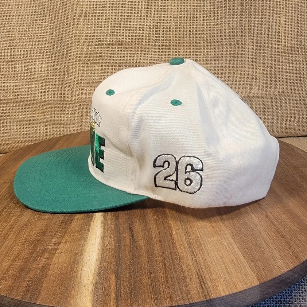 Vintage 90s Brett Bodine NASCAR Snapback Hat Quaker State Racing Green White Cap